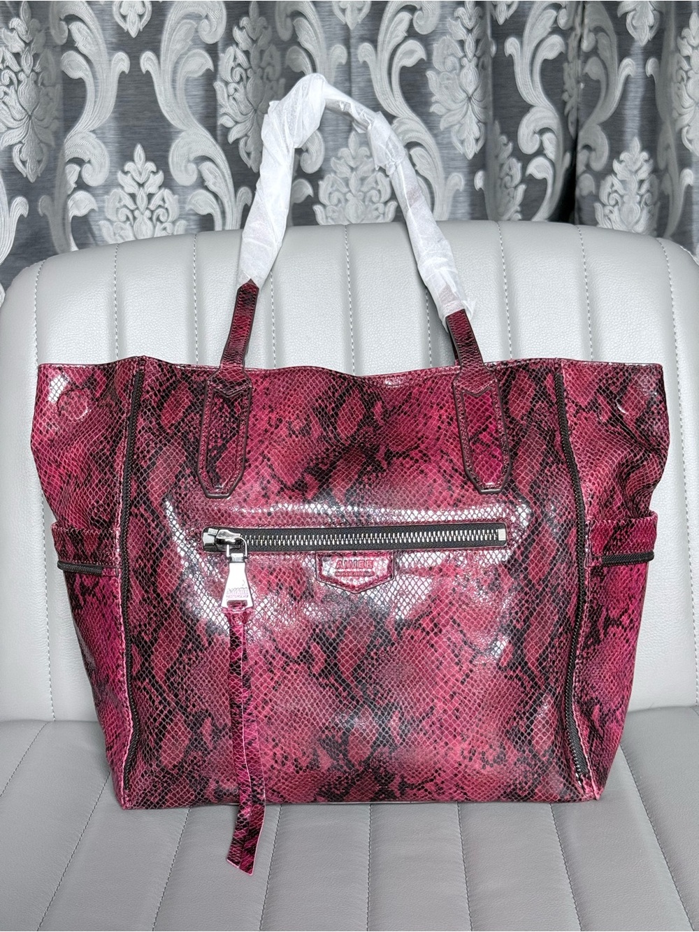 Aimee Kestenberg Ruby Red and Black Snake Python Print Tote Leather